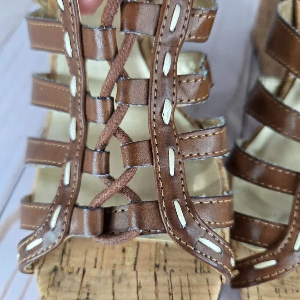 GUESS Gladiator Wedge Sandals Brown Leather Cork Women’s Size 9
